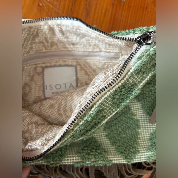 Isola handmade in Italy clutch purse sage green chenille with leather fringe - Picture 6 of 9